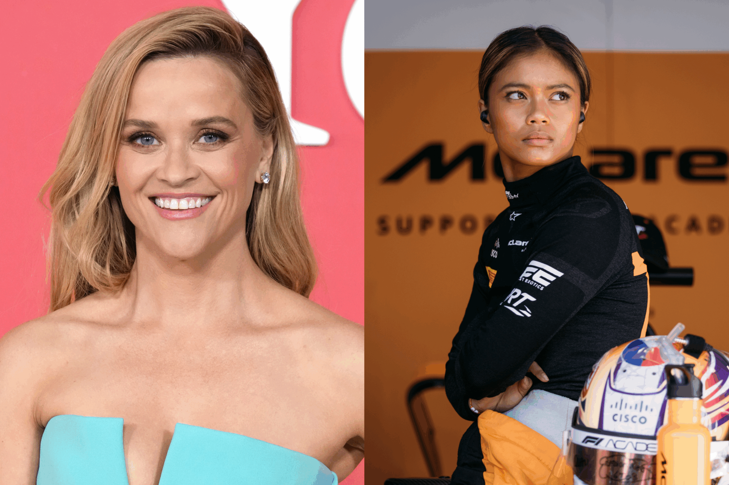 Reese Witherspoon is a fan of Bianca Bustamante during production of ‘F1’ docu. Images: Jordan Strauss/Invision/AP, Netflix